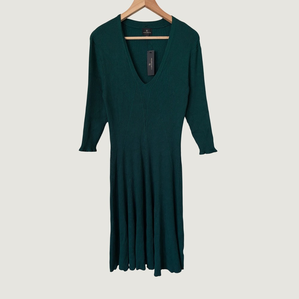 Worthington Ribbed Knit V-Neck Fit & Flare Midi‎ Dress Green XL NWT